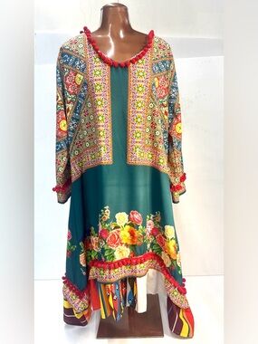 Misslook Boho Tunic Dress XL Floral Patchwork Pom Trim Festival Cottagecore